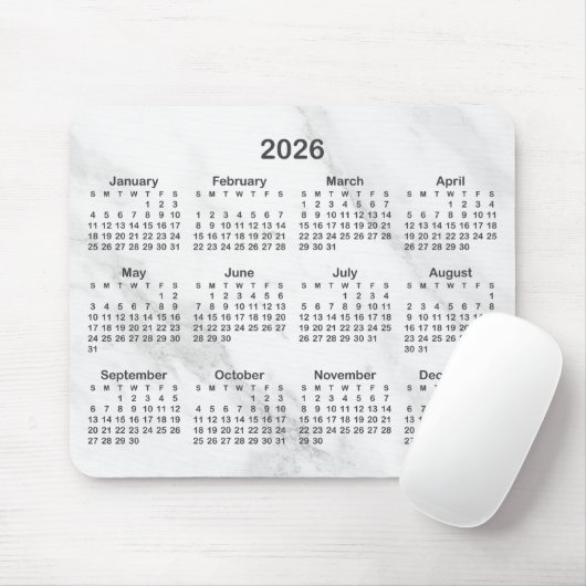 White Marble Dark Grey 2026 Calendar Mousepad (Mit Mouse)