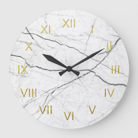 White Marble Depiction Wall Clock Gold Numerals Große Wanduhr (Vorderseite)