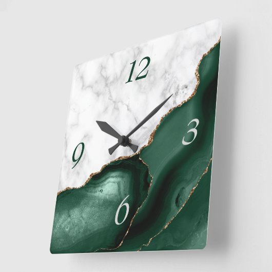 White Marble Emerald Green Agate Gold Glitzer Quadratische Wanduhr (Winkel)