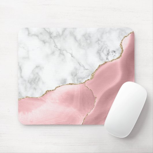 White Marble Gilded Blush Pink Agate Mousepad (Mit Mouse)