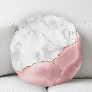White Marble Gilded Blush Pink Agate Rundes Kissen