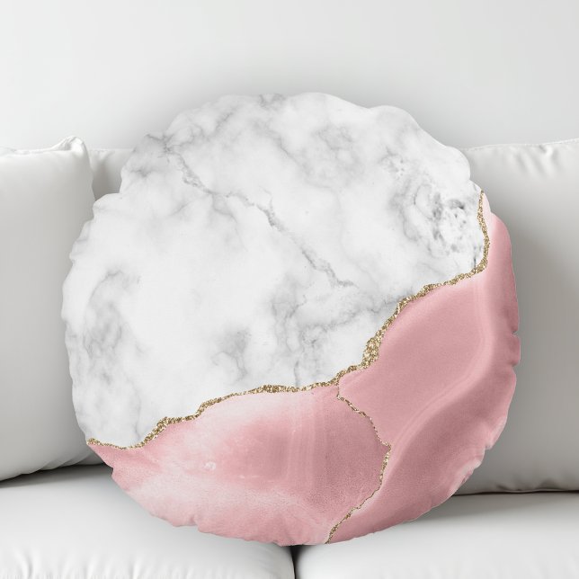 White Marble Gilded Blush Pink Agate Rundes Kissen (Von Creator hochgeladen)