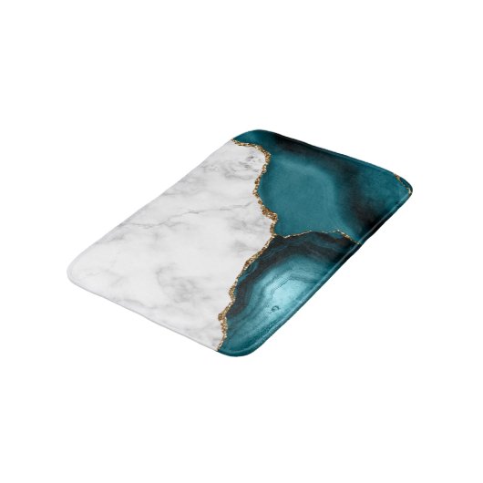 White Marble Gilded Teal Blue Agate Badematte (Schrägansicht)