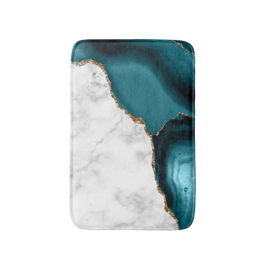 White Marble Gilded Teal Blue Agate Badematte (Vorderseite Vertikal)
