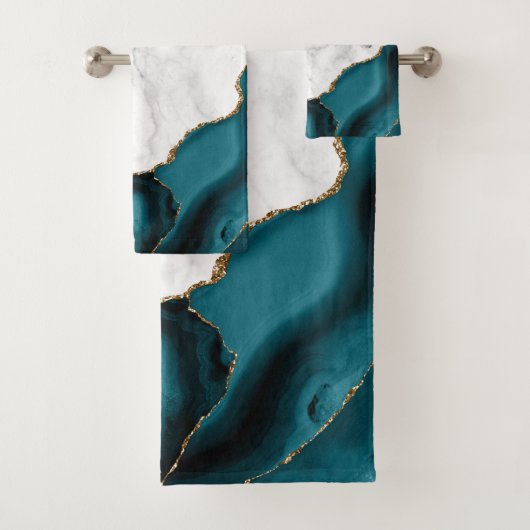 White Marble Gilded Teal Blue Agate Badhandtuch Set (Insitu)
