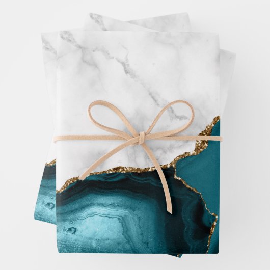 White Marble Gilded Teal Blue Agate Geschenkpapier Set (Beispiel)
