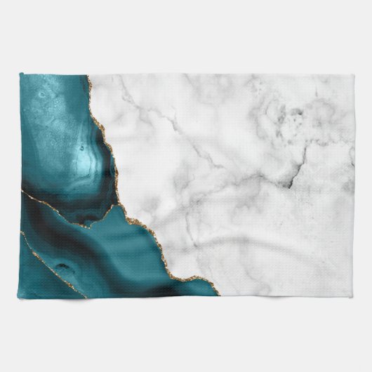 White Marble Gilded Teal Blue Agate Geschirrtuch (Horizontal)