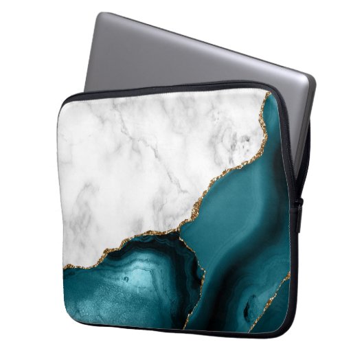 White Marble Gilded Teal Blue Agate Laptopschutzhülle (Vorderseite Links)
