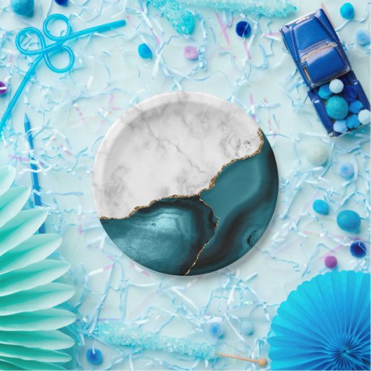 White Marble Gilded Teal Blue Agate Pappteller (Party)