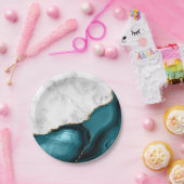 White Marble Gilded Teal Blue Agate Pappteller (Party)