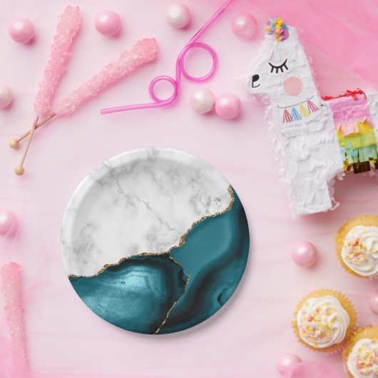 White Marble Gilded Teal Blue Agate Pappteller (Party)