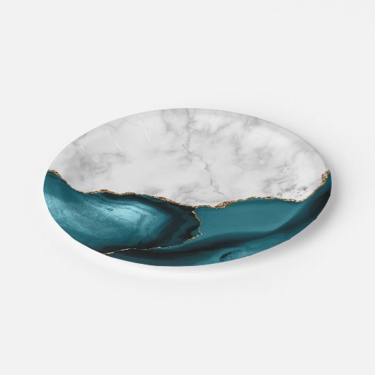 White Marble Gilded Teal Blue Agate Pappteller (Schrägansicht)
