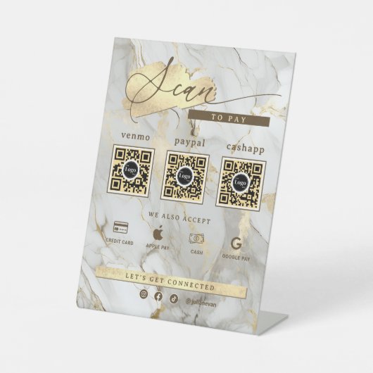 White Marble Gold Agate 3 Qr Code Scan To Pay Sockelschild (Vorderseite)