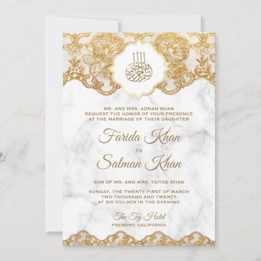 White Marble Gold Foil Lace Islamische Hochzeit Einladung (Vorderseite)