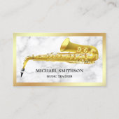 White Marble Gold Foil Saxophone Musiklehrer Visitenkarte (Vorderseite)