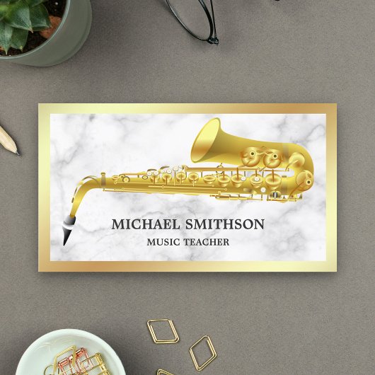 White Marble Gold Foil Saxophone Musiklehrer Visitenkarte