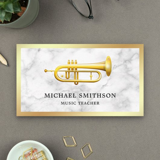 White Marble Gold Foil Trumpet Music Teacher Visitenkarte