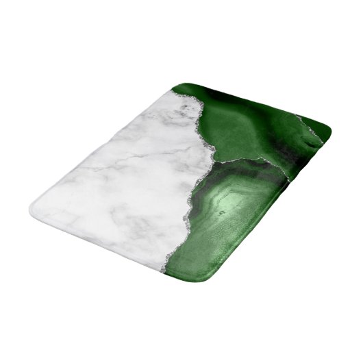 White Marble Hunter Green Agate Silver Glitzer Badematte (Schrägansicht)