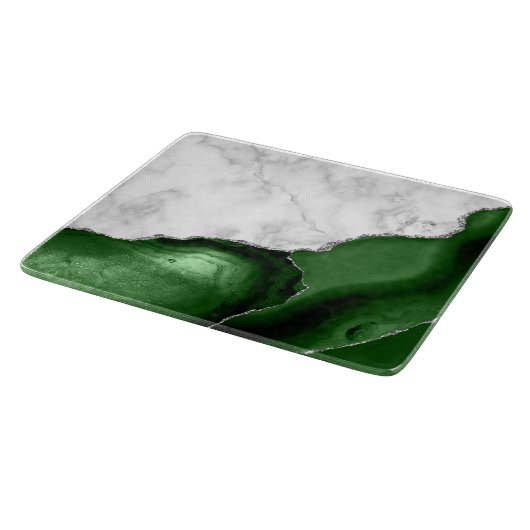 White Marble Hunter Green Agate Silver Glitzer Schneidebrett (Ecke)
