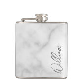 White Marble Modernes Script Personalisiert Name Flachmann (Vorderseite)