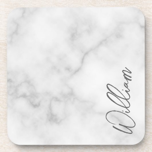 White Marble Modernes Script Personalisiert Name Getränkeuntersetzer (Vorderseite)