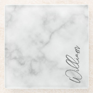 White Marble Modernes Script Personalisiert Name Glasuntersetzer