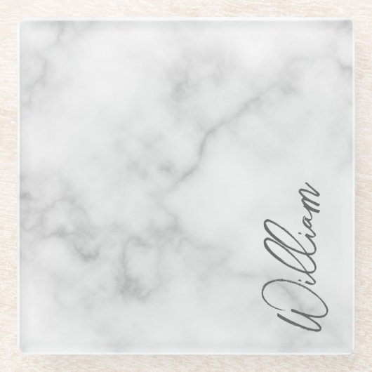 White Marble Modernes Script Personalisiert Name Glasuntersetzer (Vorderseite)