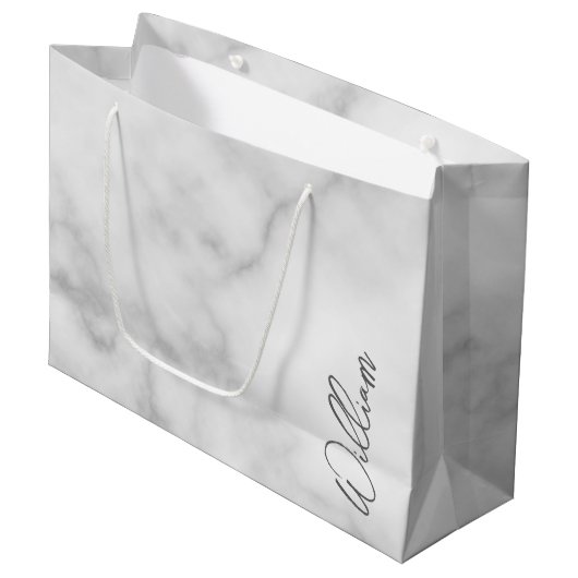 White Marble Modernes Script Personalisiert Name Große Geschenktüte (Vorderseite Schrägansicht)