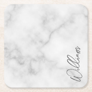 White Marble Modernes Script Personalisiert Name Rechteckiger Pappuntersetzer