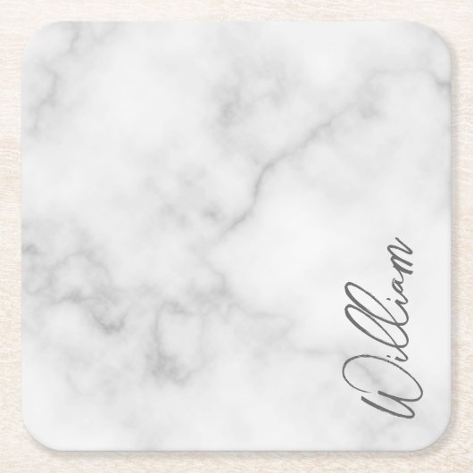White Marble Modernes Script Personalisiert Name Rechteckiger Pappuntersetzer (Vorderseite)