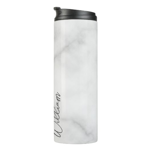 White Marble Modernes Script Personalisiert Name Thermosbecher (Nach rechts gedreht)