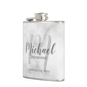 White Marble Modernes Script Personalisierte Trauz Flachmann (Links)