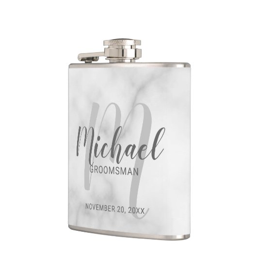 White Marble Modernes Script Personalisierte Trauz Flachmann (Links)