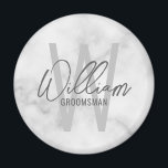 White Marble Modernes Script Personalisierte Trauz Magnet<br><div class="desc">Moderne Minimalistische Personalisierte Monogramm- und Namensgeschenke Dieses Design zeichnet sich durch einen personalisierten Namen im modernen, grauen Stil der Handschrift Schriftart und Monogramm in hellgrauem, modernem Sans Serif Schriftart Stil als Hintergrund aus, mit dem Titel in grau modernen Sans Serif Schriftart Stil, auf weißem Marmor Hintergrund. Auch perfekt für Trauzeuge,...</div>