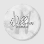 White Marble Modernes Script Personalisierte Trauz Magnet<br><div class="desc">Moderne Minimalistische Personalisierte Monogramm- und Namensgeschenke Dieses Design zeichnet sich durch einen personalisierten Namen im modernen, grauen Stil der Handschrift Schriftart und Monogramm in hellgrauem, modernem Sans Serif Schriftart Stil als Hintergrund aus, mit dem Titel in grau modernen Sans Serif Schriftart Stil, auf weißem Marmor Hintergrund. Auch perfekt für Trauzeuge,...</div>