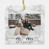 White Marble Mr. and Mrs. First Verheiratet Christ Keramikornament (Vorderseite)