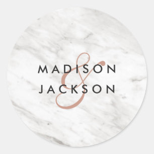 White Marble & Rose Gold Moderne Monogram Wedding Runder Aufkleber