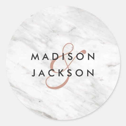 White Marble & Rose Gold Moderne Monogram Wedding Runder Aufkleber (Vorderseite)