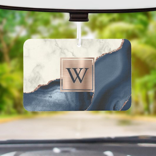 White Marble Rose Gold Navy Blue Agate Monogram Autolufterfrischer