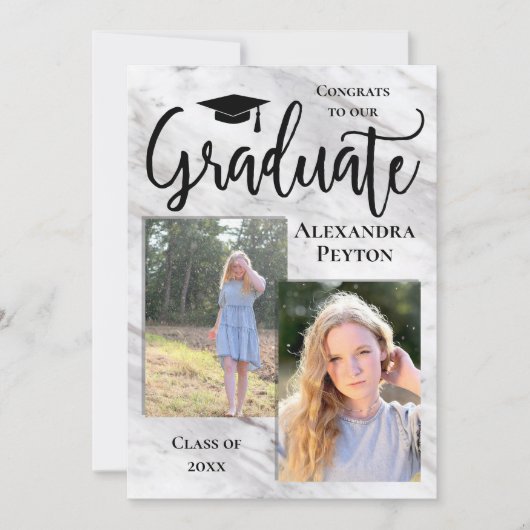 White Marble Script 2 Foto Abschluss Einladung (Vorderseite)