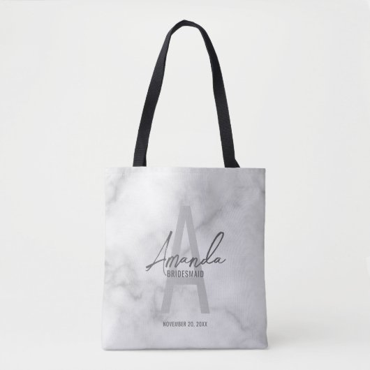 White Marble Script Personalisiert Bridesmaid's Na Tasche (Vorderseite)