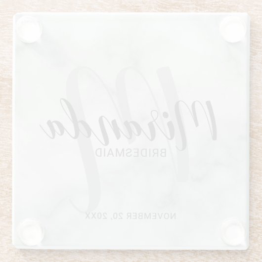 White Marble Script Personalisiert Bridesmaiers Glasuntersetzer (Rückseite)