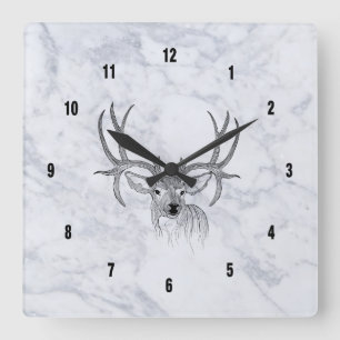 White Marble Texture & Black Deer Illustration Quadratische Wanduhr
