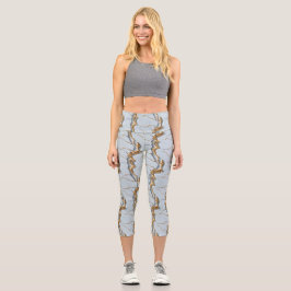 White Marble Texture with Cracked Gold Veins Capri Leggings