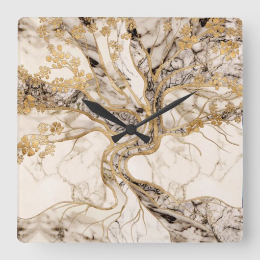 White Marble Tree of Life Abstract Quadratische Wanduhr (Vorderseite)