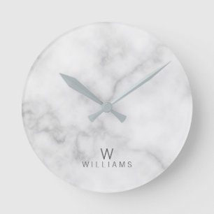 White Marble with Personalized Monogram and Name Runde Wanduhr