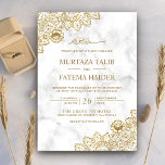White Marle Gold Lace Islamische Hochzeit Einladung<br><div class="desc">Die elegante Hochzeitseinladung mit der schönen Spitze "Bismillah" in arabischer Kalligrafie lädt Sie ein. Fügen Sie einfach Ihre Veranstaltungsdetails zu dieser einfach zu bedienenden Vorlage hinzu,  um sie zu einer einmaligen Einladung zu machen.</div>