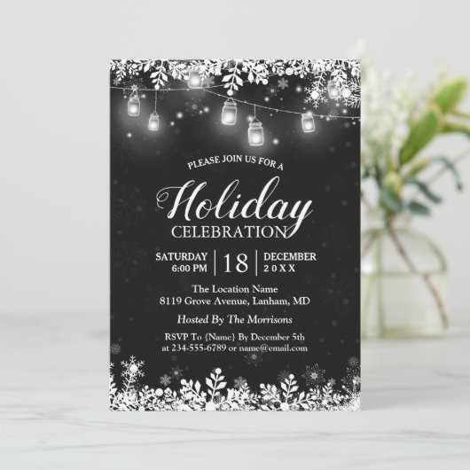 White Mason Jar Lights Schneeflocken Weihnachts-Pa Einladung (Stehend Vorderseite)