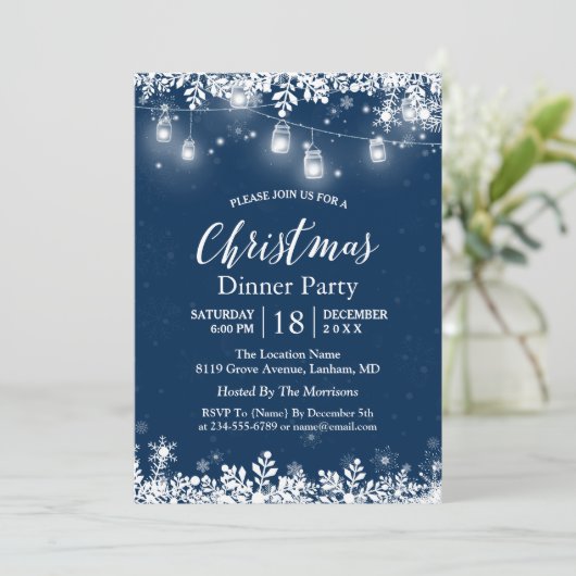 White Mason Jar Lights Schneeflocken Weihnachts-Pa Einladung (Stehend Vorderseite)