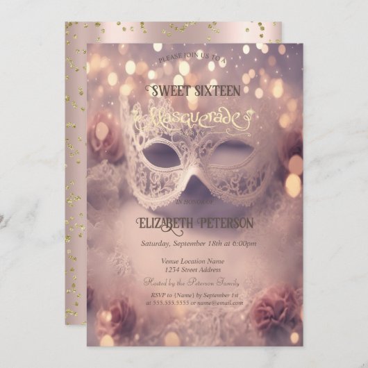 White Masque Diamonds Rose Gold Sweet 16 Einladung (Vorne/Hinten)
